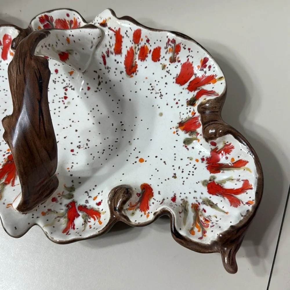 Vintage MCM Ceramic Speckled Splatter Drip Glaze Handle Autumn Leaf Dish Signed
